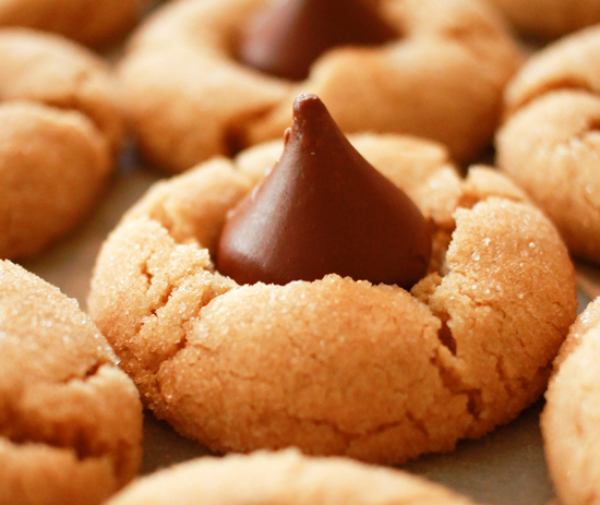 close up shot of peanut butter blossom cookie