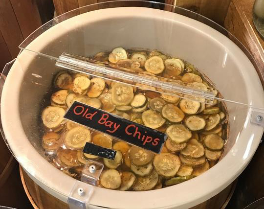 unique farmers' market foods: a barrel of Old Bay pickle chips