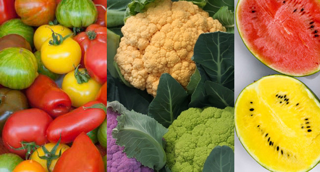 unique farmers' market foods: tomato, cauliflower, watermelon in unique colors