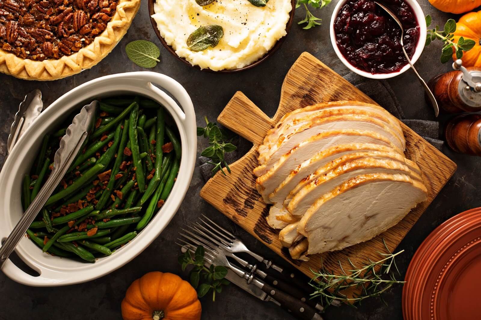 Table set with traditional holiday dishes.