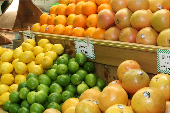 display of citrus at a winter farmers market