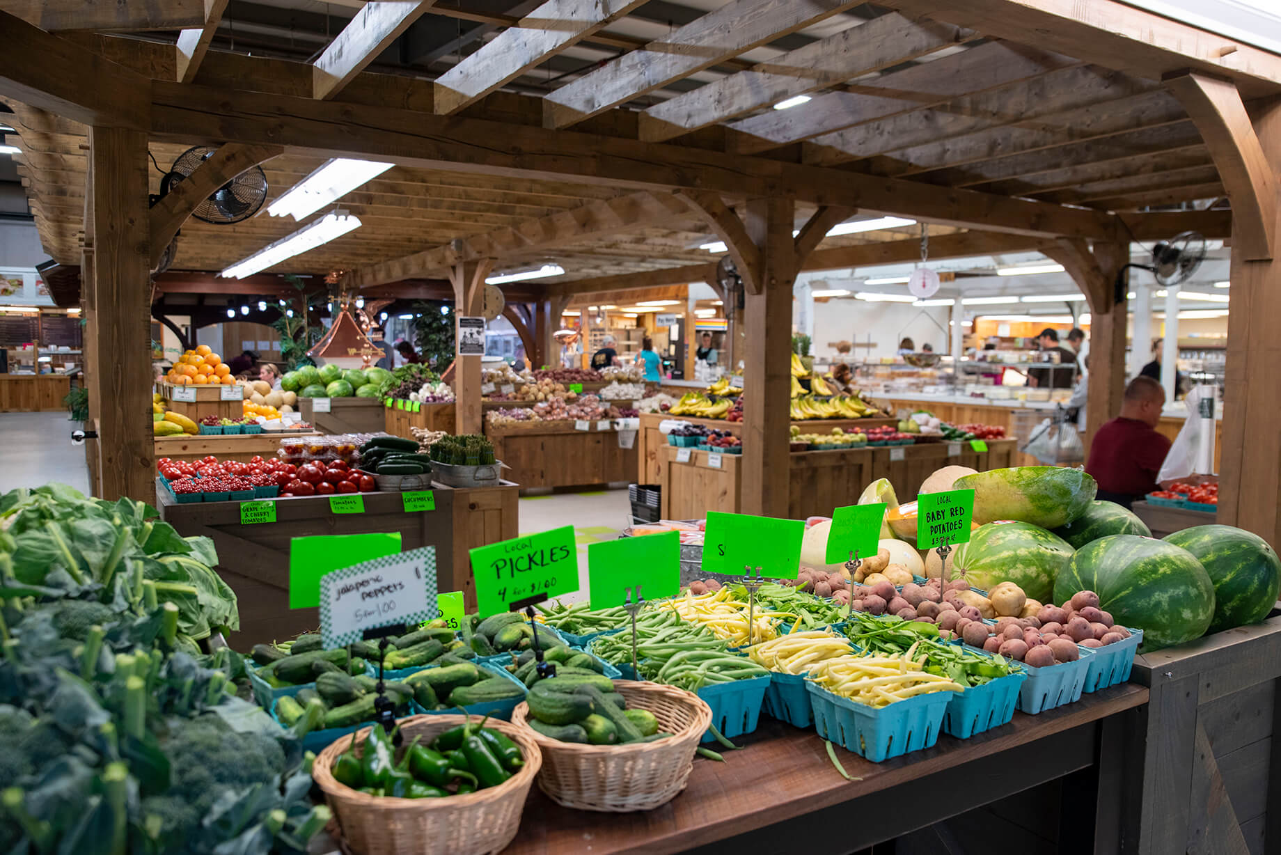 Fresh fruit and vegetable stand selections.