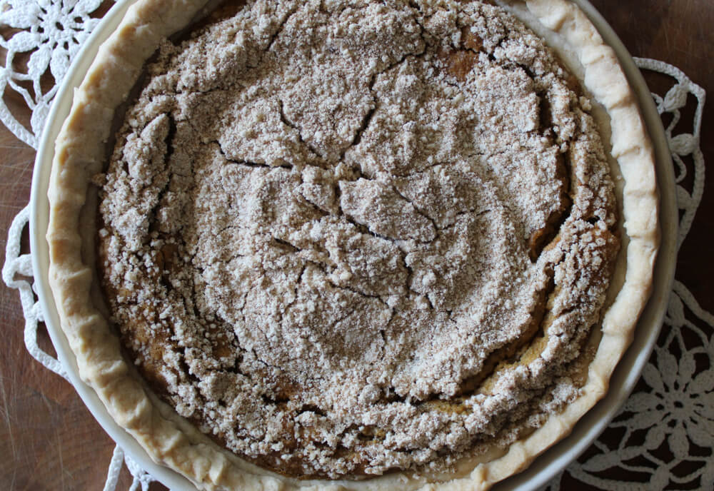 A top view of a fresh Amish shoofly pie.