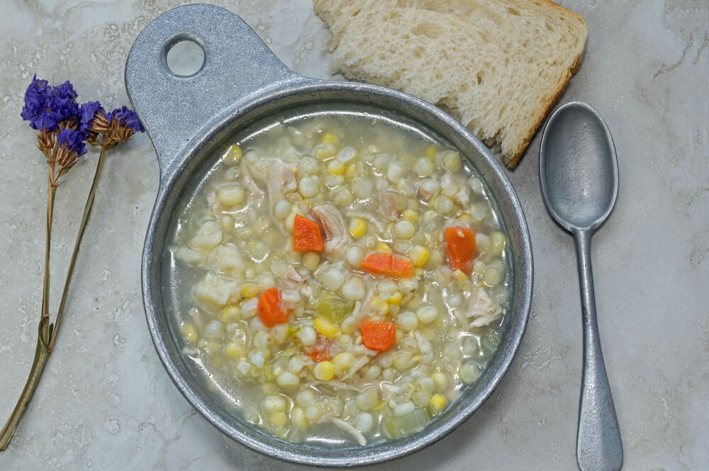 A bowl of Pennsylvania Dutch chicken corn soup