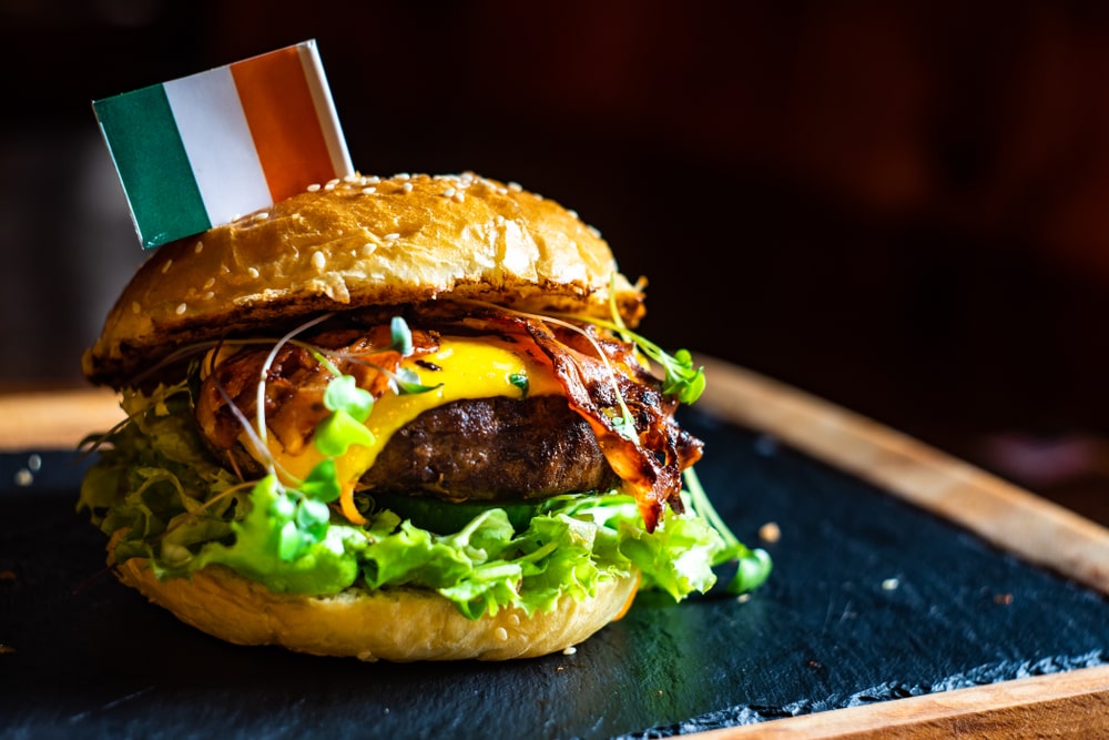 Guinness burger on a plate as one of our St. Patrick's Day food recipes