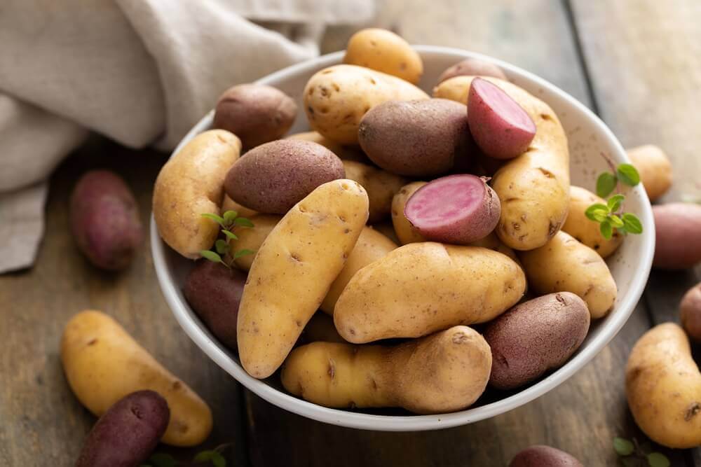 Mixture of white and purple fingerling potatoes