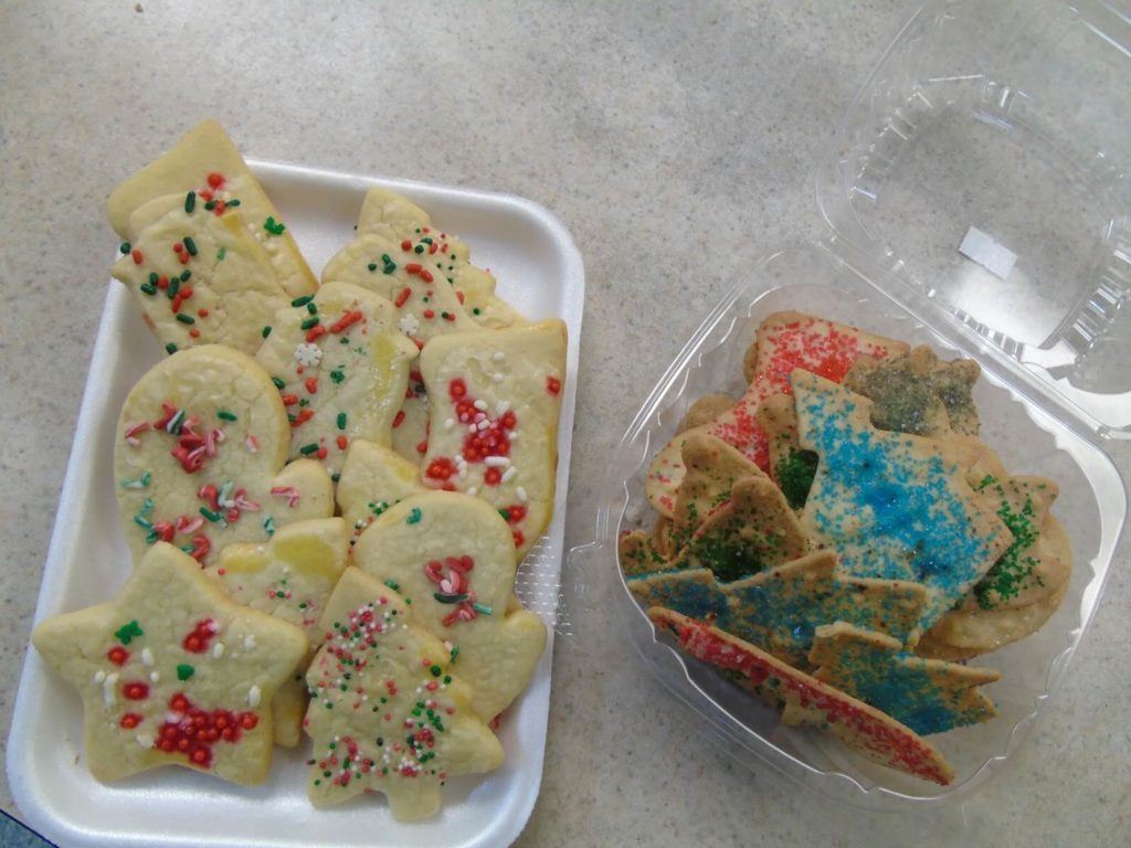 Amish-baked Christmas star, tree shaped cookies with sprinkles.