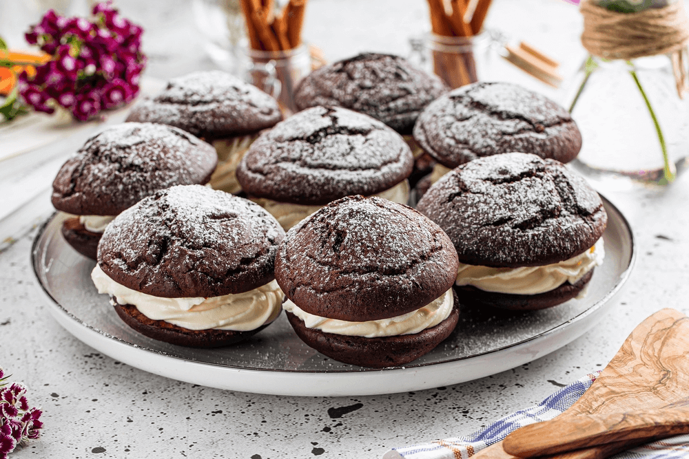 Plate of eight freshly made Amish Whoopie Pies