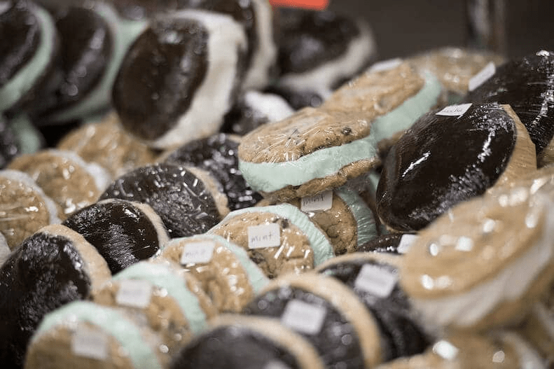 Tray of whoopie pies piled on each other on Amish delight dessert tray